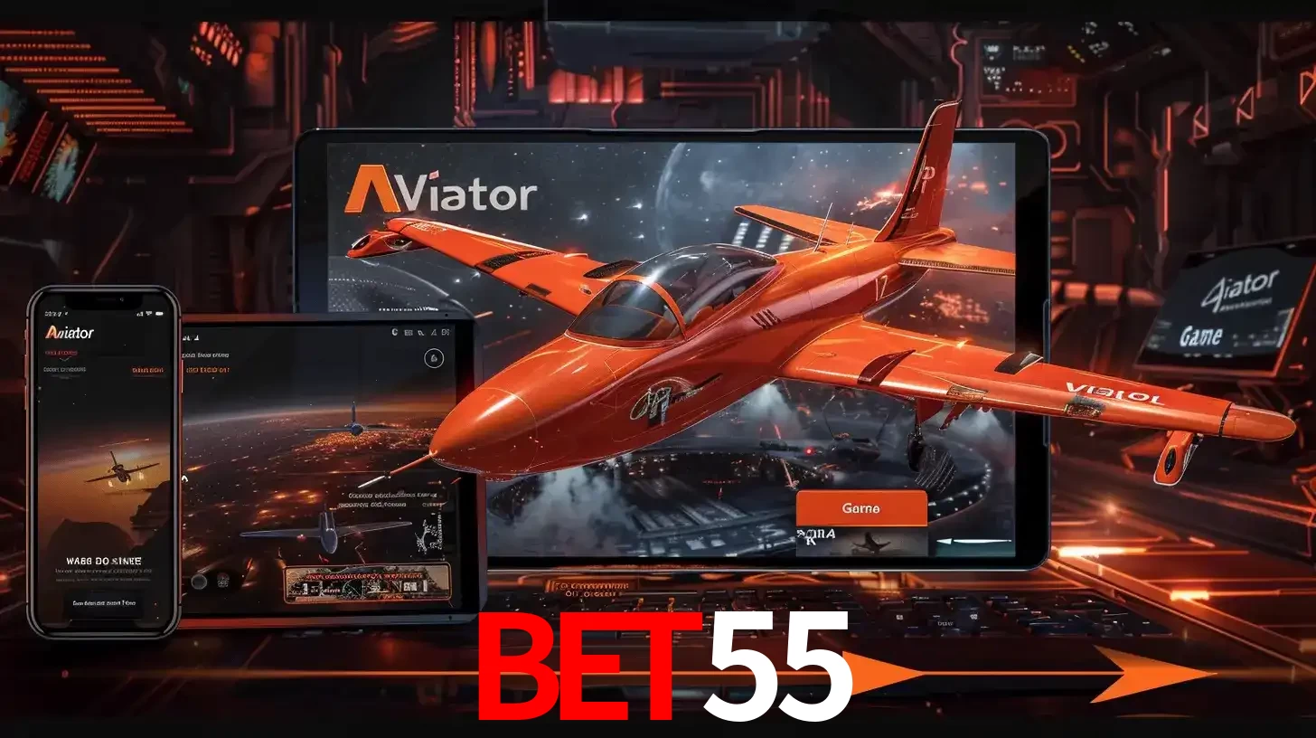 Apresentação tecnológica do jogo Aviator com um avião saindo da tela de um tablet, demonstrando a experiência imersiva em múltiplos dispositivos no BET55.