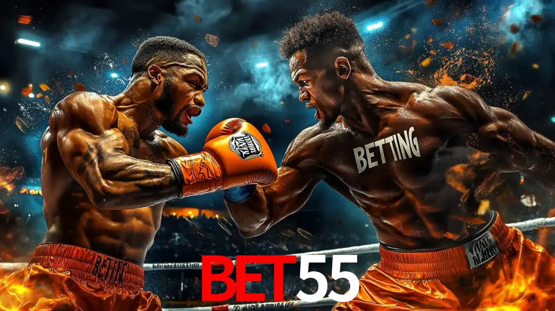 Dois boxeadores em uma luta intensa e explosiva, representando a adrenalina e as oportunidades de apostas em esportes de combate disponíveis na plataforma BET55.