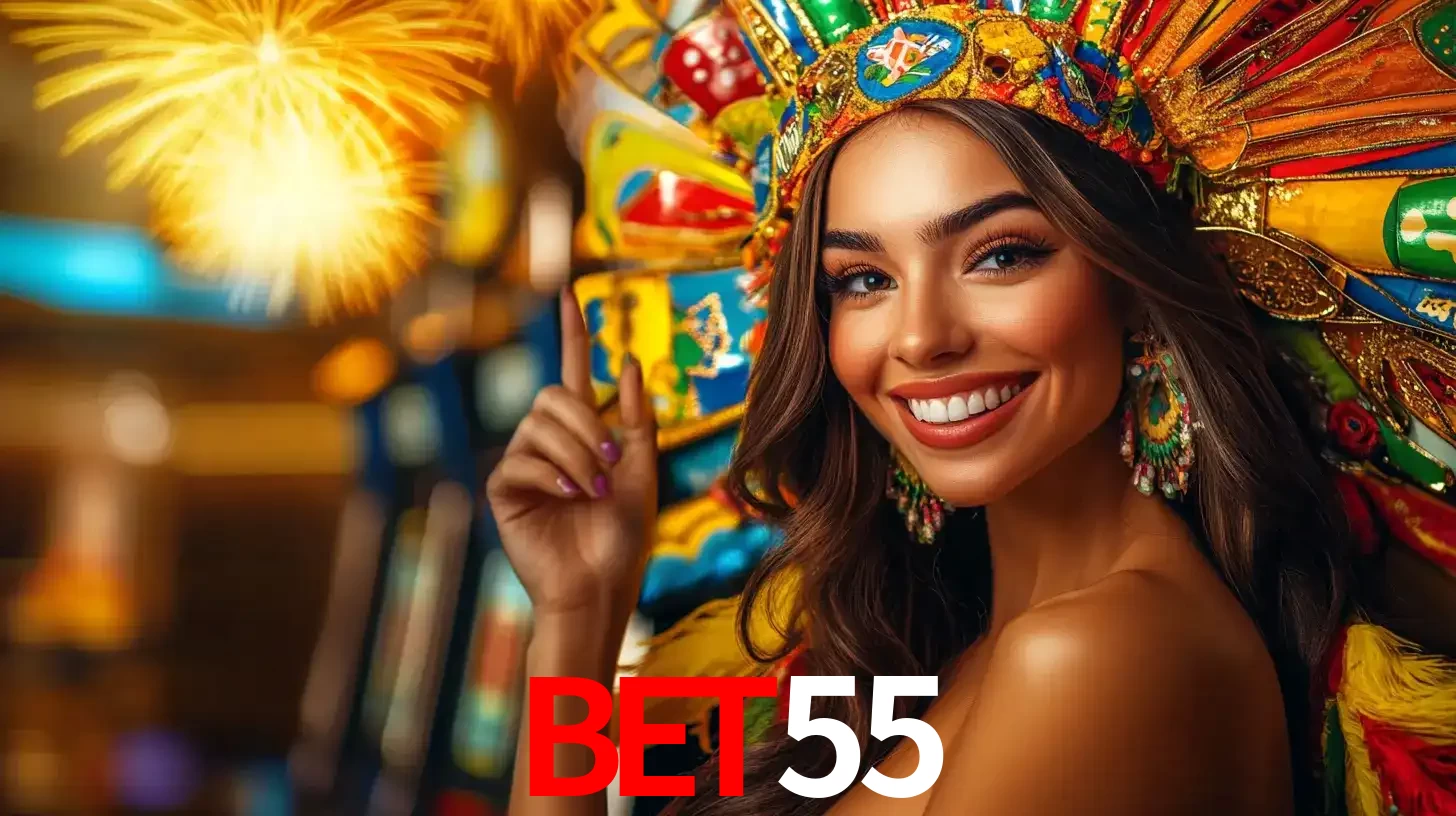 Mulher sorridente com um cocar de carnaval vibrante e colorido, celebrando uma grande vitória nos jogos do cassino BET55 com fogos de artifício ao fundo.