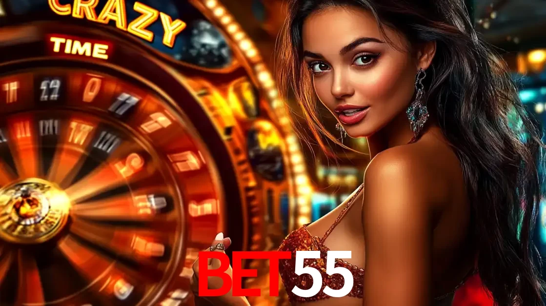 Mulher ao lado da roda de prêmios do jogo de cassino ao vivo Crazy Time, um dos shows de jogos mais emocionantes oferecidos pela plataforma de apostas BET55.