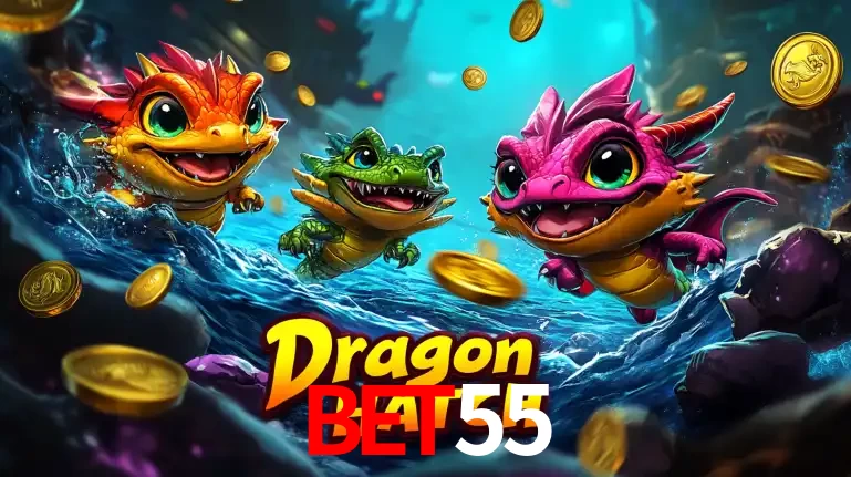 Arte promocional do jogo Dragon Hatch com três adoráveis dragões bebês nadando entre moedas de ouro, um dos slots mais divertidos para jogar no cassino BET55.