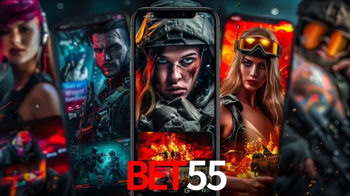 Montagem de telas de celular mostrando diversos personagens, masculinos e femininos, de um jogo de tiro, ilustrando a diversidade de equipes de e-sports para apostar no BET55.