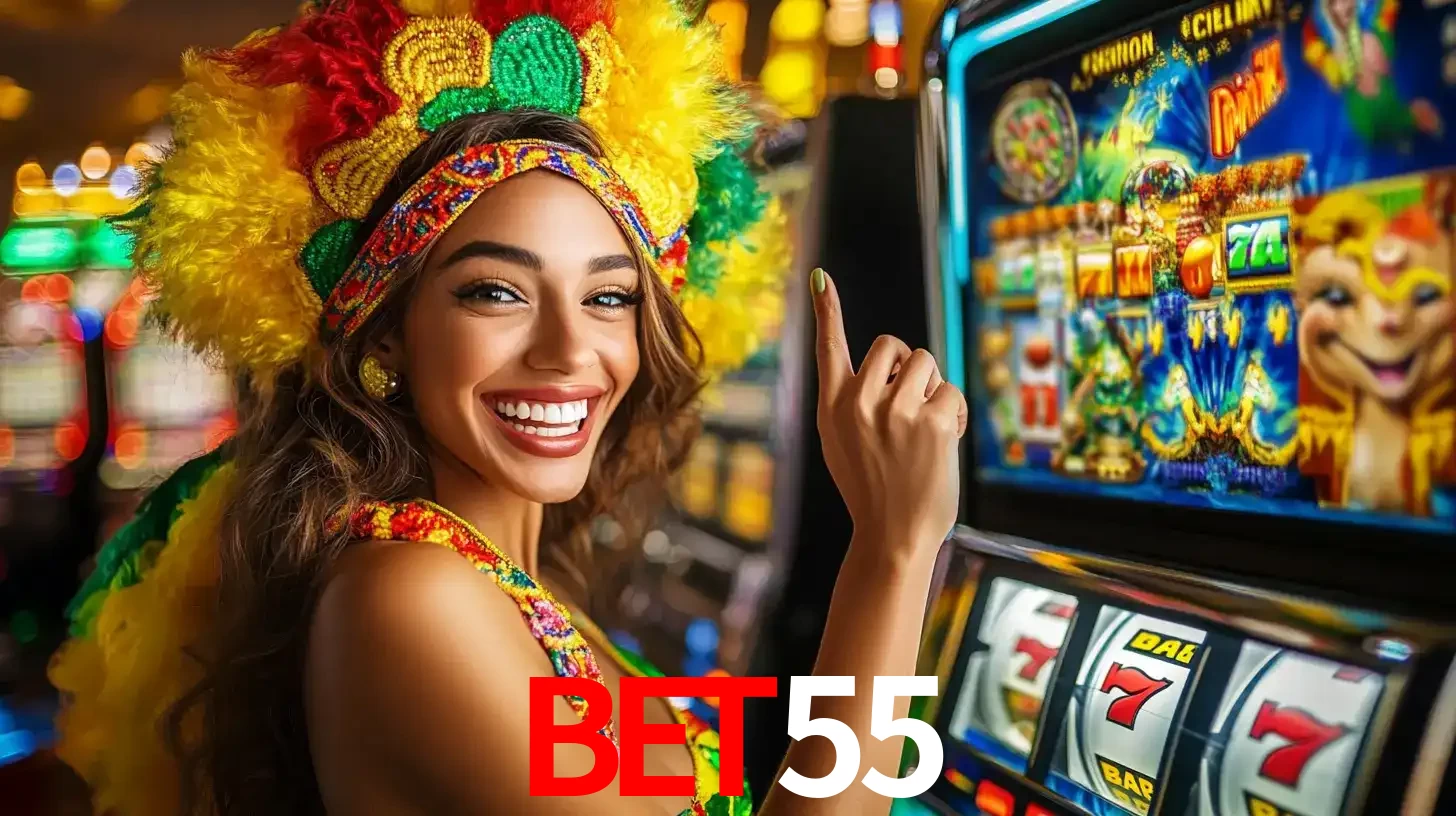 Mulher animada com um cocar de carnaval apontando para uma máquina de caça-níqueis, mostrando a emoção de ganhar um grande prêmio nos jogos do BET55.