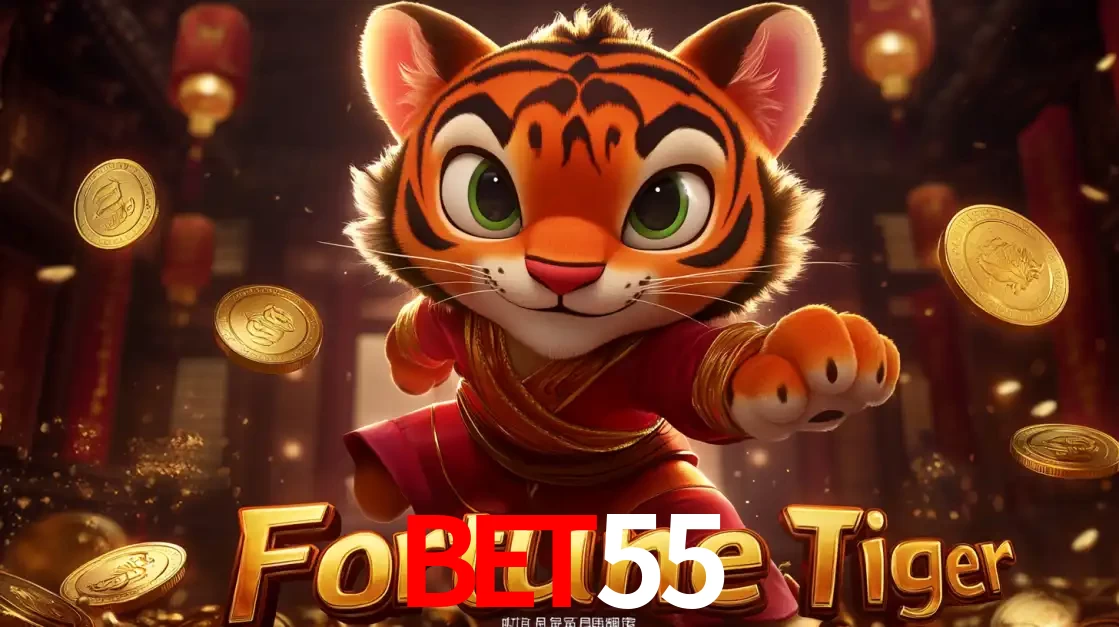 O carismático mascote do jogo de slot Fortune Tiger, um tigre fofo em pose de artes marciais, pronto para trazer sorte e multiplicadores de ganhos no cassino online BET55.