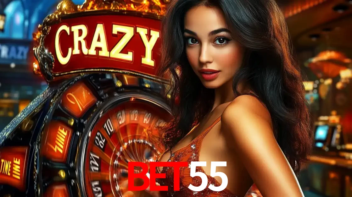 Mulher glamourosa olhando para a câmera com a roda vermelha do Crazy Time ao fundo em um ambiente de cassino, destacando a emoção dos jogos ao vivo no BET55.