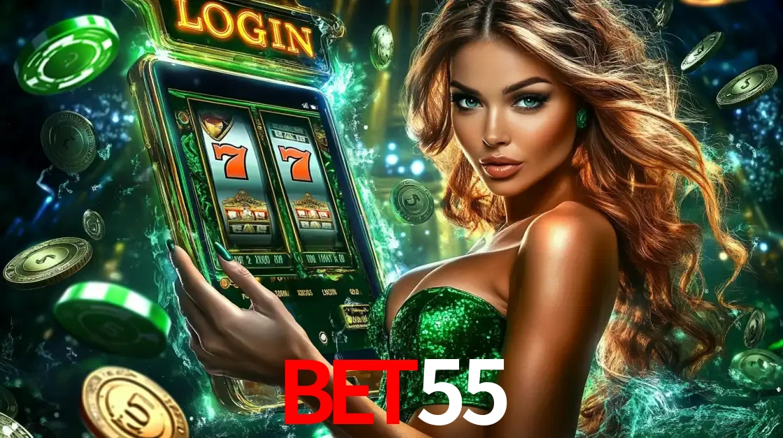 Mulher com tema verde apresentando o aplicativo do cassino BET55 com um jogo de slot de 777, cercada por fichas de cassino e uma aura de sorte.