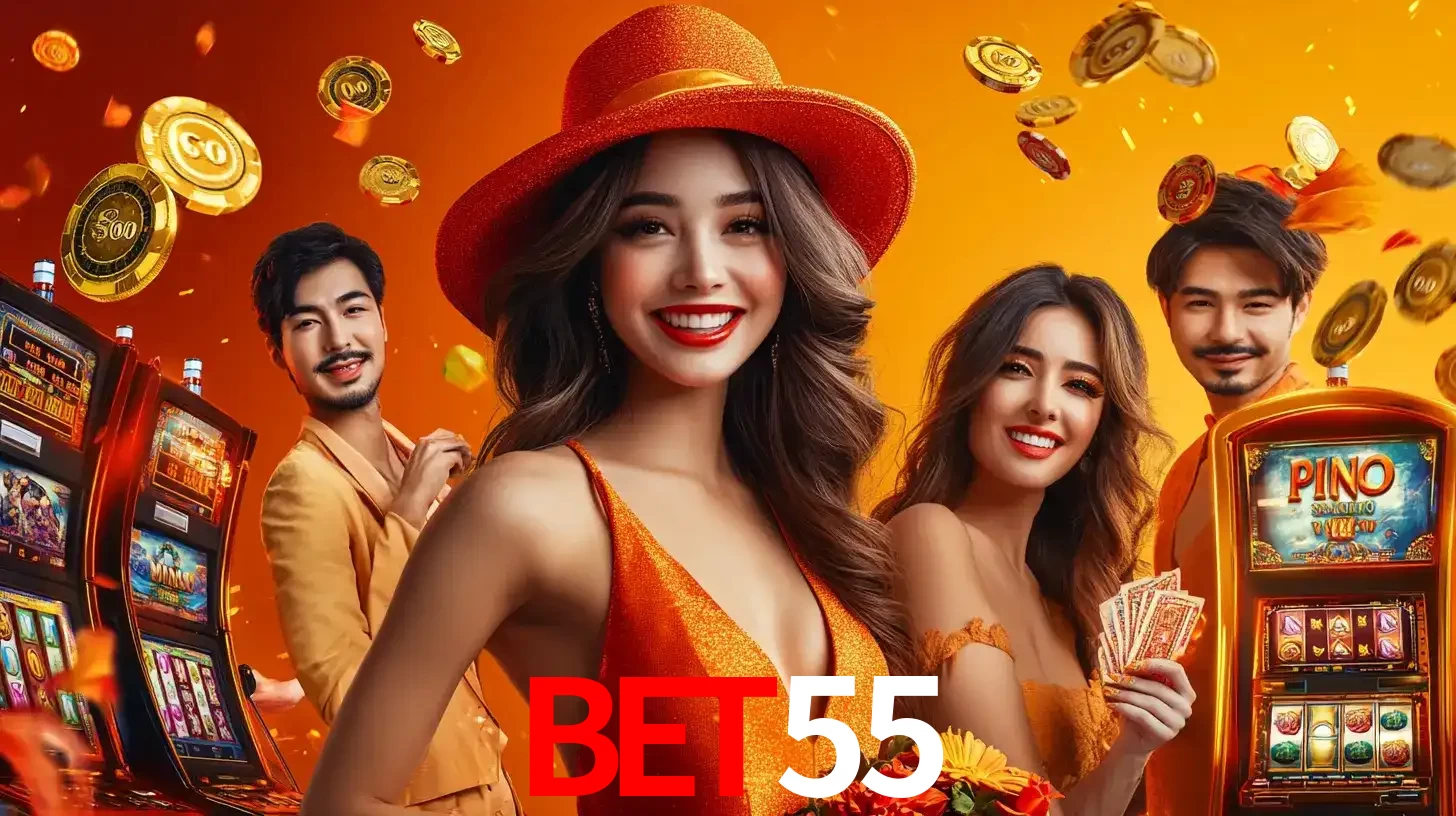 Grupo de amigos asiáticos sorrindo e se divertindo com máquinas de caça-níqueis em um ambiente festivo, celebrando suas vitórias nos jogos de cassino do BET55.