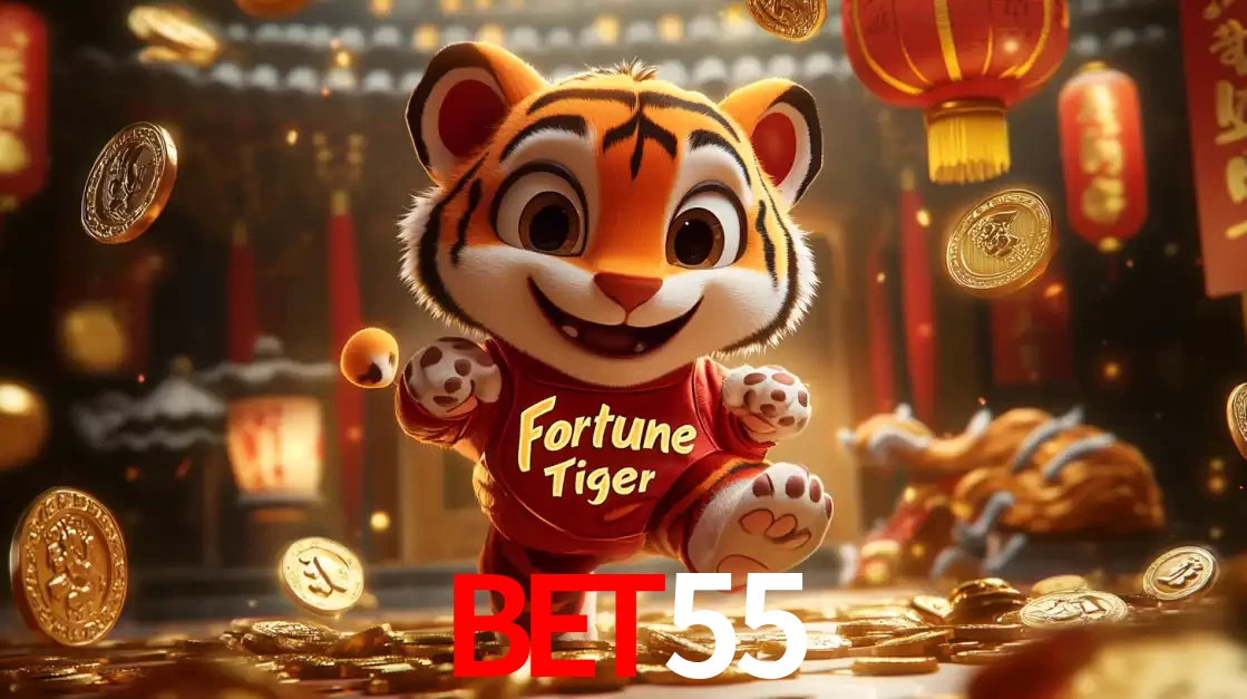 O alegre personagem do Fortune Tiger correndo sobre um caminho de moedas de ouro, simbolizando os grandes prêmios e a diversão do popular jogo de slot do BET55.