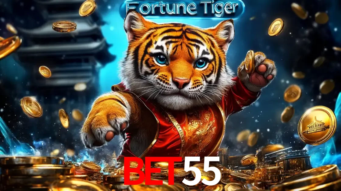 Imagem promocional do jogo de slot Fortune Tiger, com um tigre majestoso em traje tradicional cercado por uma fortuna em moedas de ouro, disponível agora no cassino BET55.
