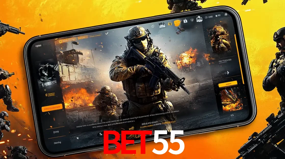 Um smartphone exibindo a interface de um jogo de tiro em primeira pessoa, com um soldado em um cenário de batalha, representando a ação dos e-sports para apostar no BET55.