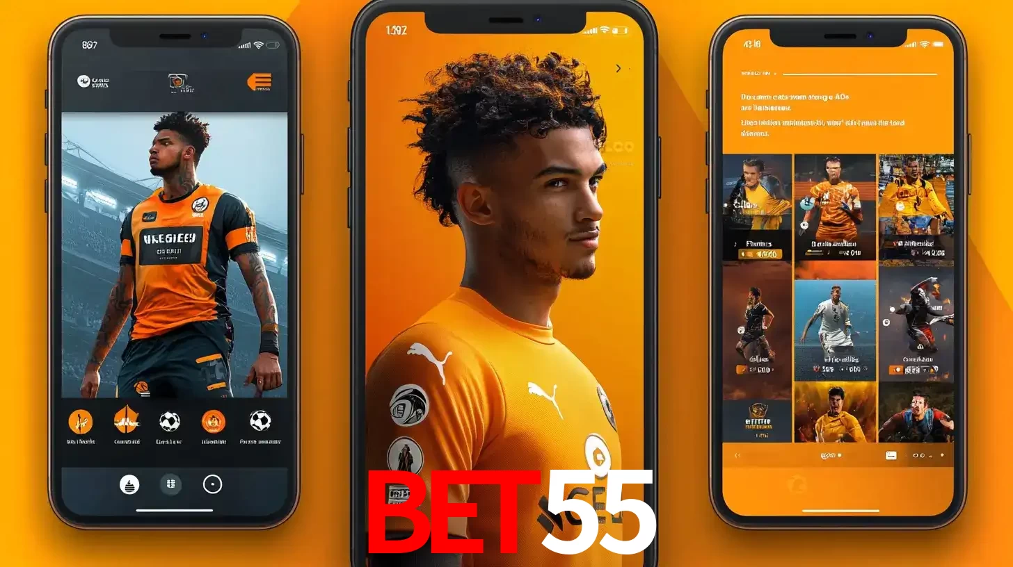 Interface do aplicativo de apostas esportivas BET55 em três telas de celular, mostrando o perfil de um jogador de futebol e a lista de jogos disponíveis para apostar.