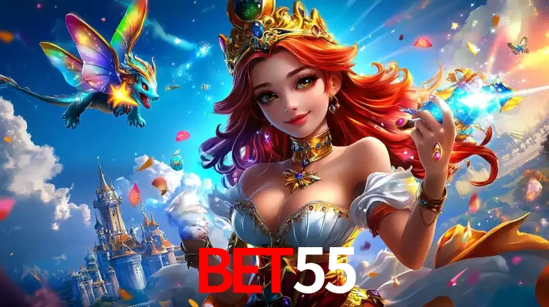 A princesa de um reino de fantasia mágico, com seu pequeno dragão, apresentando um mundo de prêmios encantados nos jogos de caça-níqueis do cassino BET55.