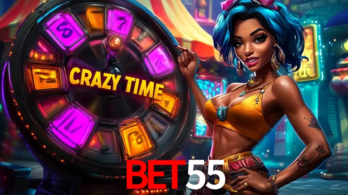 Mulher estilizada com cabelo azul e visual vibrante posando ao lado da roda de prêmios do game show Crazy Time, convidando para a diversão e os bônus do cassino BET55.