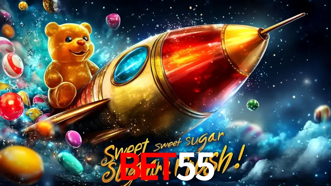 Arte promocional do jogo de slot Sugar Rush, com um urso de pelúcia em um foguete viajando pelo espaço de doces, um dos jogos divertidos disponíveis no cassino BET55.