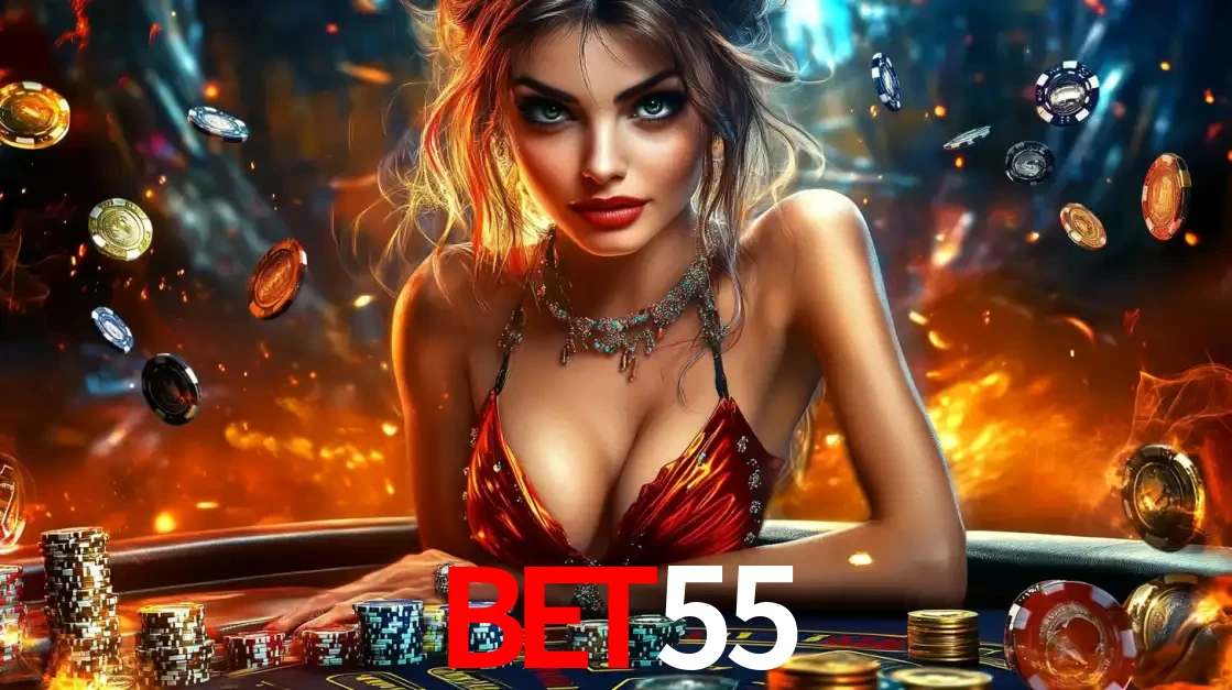 Mulher em uma mesa de cassino com pilhas de fichas e um fundo de fogo, pronta para uma rodada de altas apostas nos jogos de mesa emocionantes do cassino BET55.