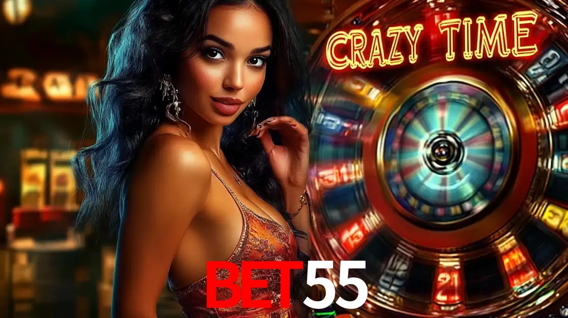 Mulher elegante ao lado da vibrante roda da fortuna do jogo de cassino ao vivo Crazy Time, um dos game shows mais populares e cheios de prêmios do BET55.