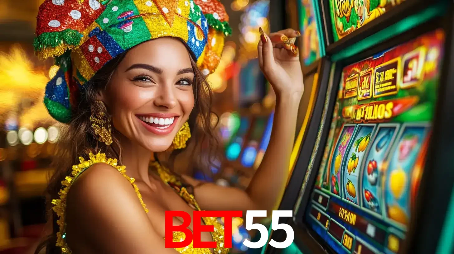Mulher feliz com traje de carnaval amarelo e colorido ao lado de uma máquina de caça-níqueis, aproveitando a diversão e os jogos temáticos do cassino BET55.
