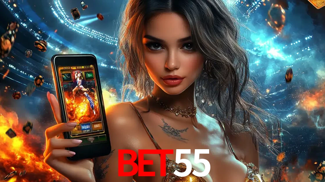 Mulher segurando um celular com um jogo de slot em destaque, tendo como fundo um estádio vibrante, simbolizando a emoção de jogar no cassino móvel BET55.