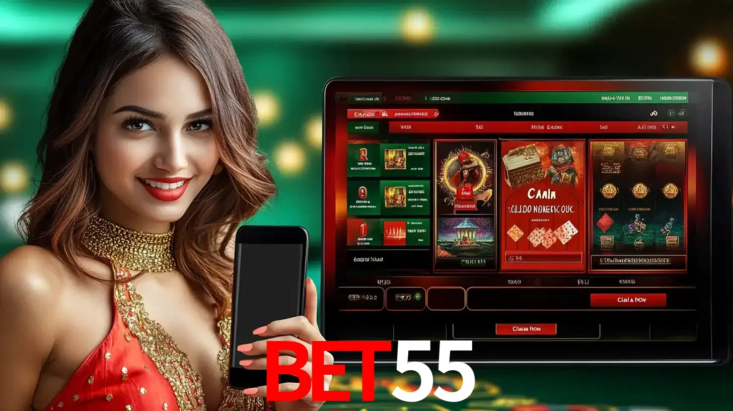 Mulher sorridente segurando um smartphone, ao lado de uma tela exibindo o lobby de jogos do cassino online BET55, com várias opções de jogos de cartas e slots.